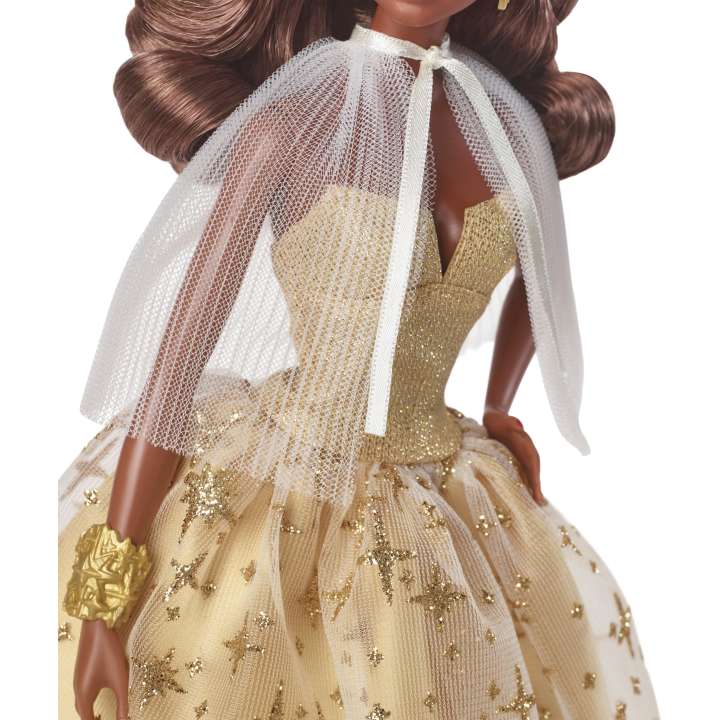 2023 Holiday Barbie Doll Golden Gown and Dark Brown Hair