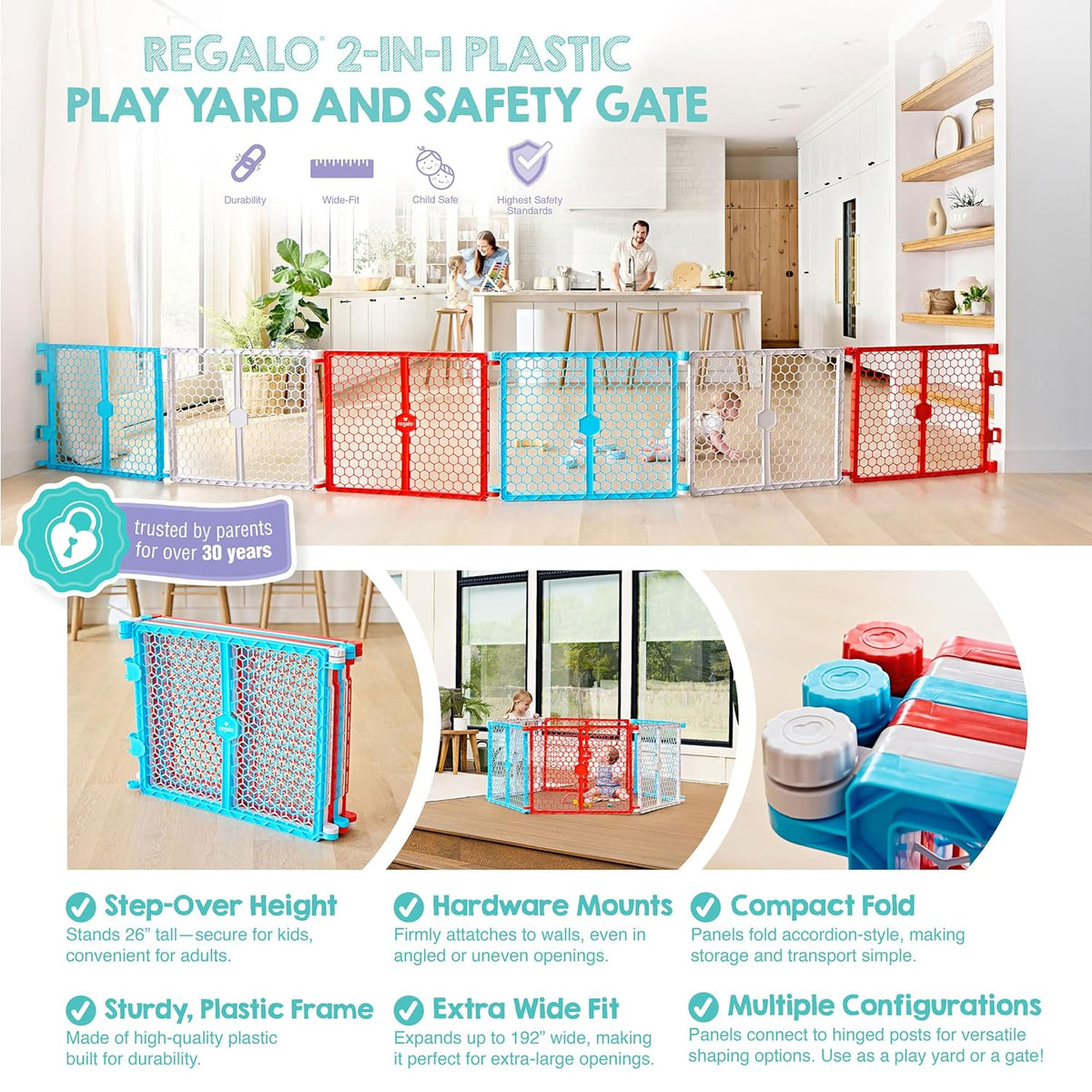 Regalo 192-Inch 6-Panel Convertible Baby Gate & Play Yard (Red, White & Blue) - Kidsy