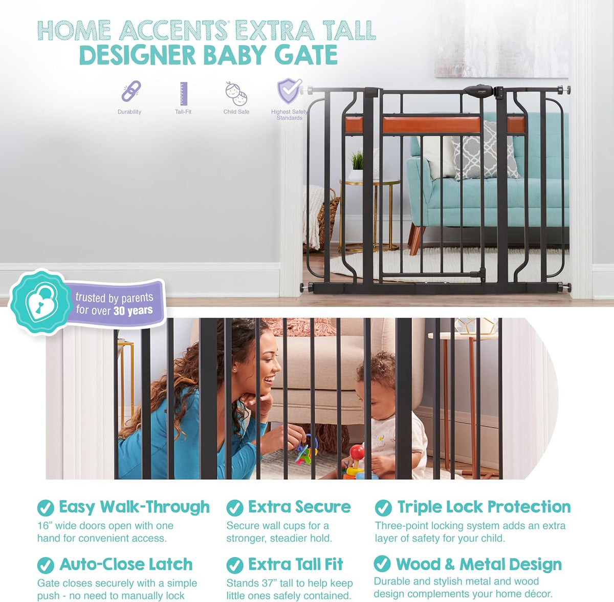 Regalo Extra Tall Walk-Through Metal Safety Gate 30" to 42" Wide (Black) - Kidsy