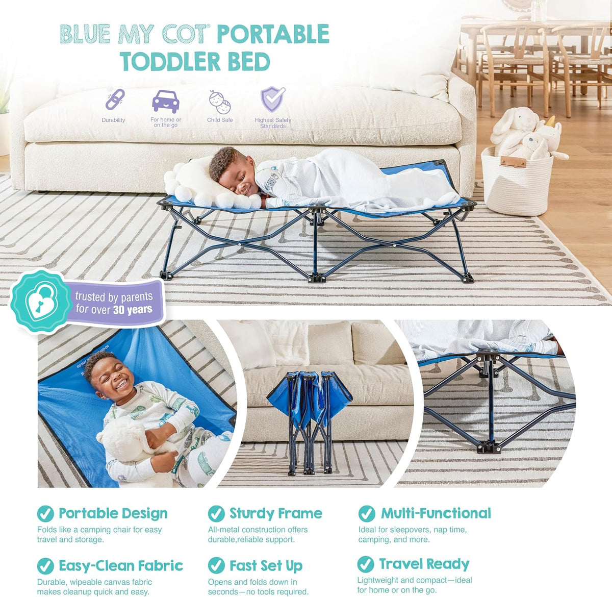 Regalo My Cot Portable Folding Toddler Bed, 46.5" × 24.5" × 9" (Royal Blue) - Kidsy