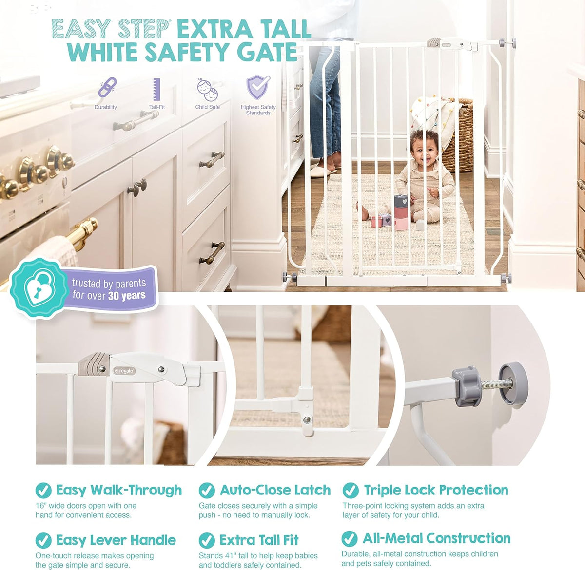 Regalo Safety 36" Extra Tall Baby Gate (White, 29-36.5"W x 36"H) - Kidsy