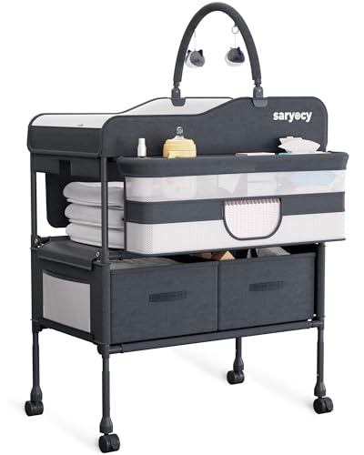 Saryocy Folding Baby Changing Table with Storage and Wheels (Dark Grey) - Kidsy