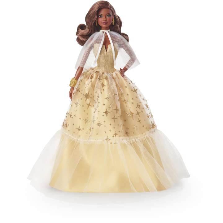 2023 Holiday Barbie Doll Golden Gown and Dark Brown Hair