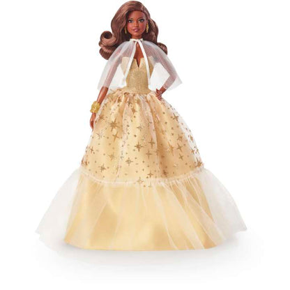 2023 Holiday Barbie Doll Golden Gown and Dark Brown Hair