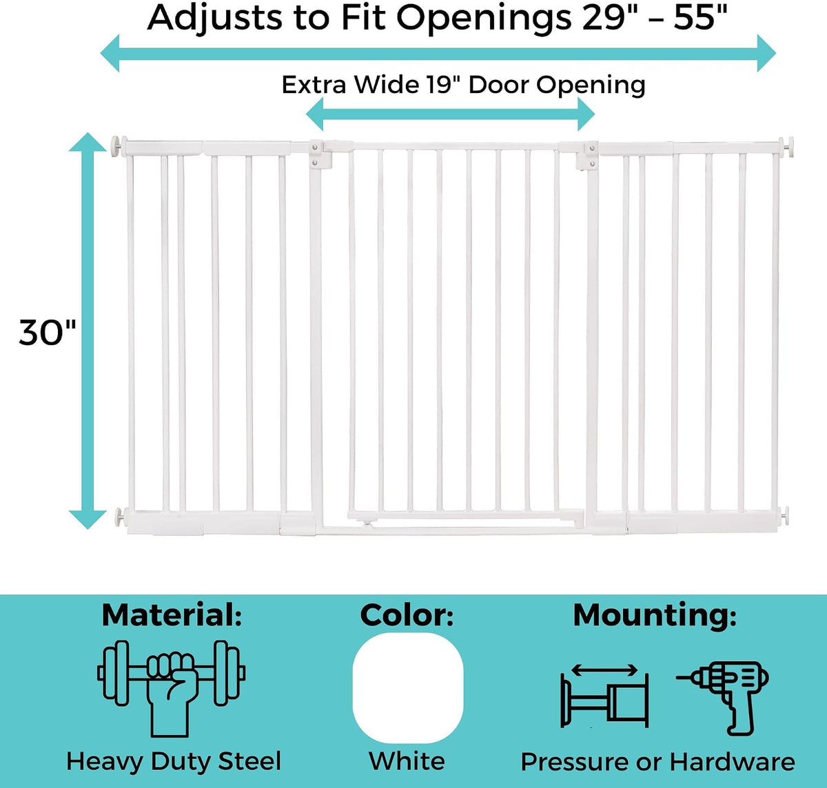 Toddleroo by North States StepSafe Extra Wide Auto-Close Baby Gate, 29"–55" Wide (White) - Kidsy