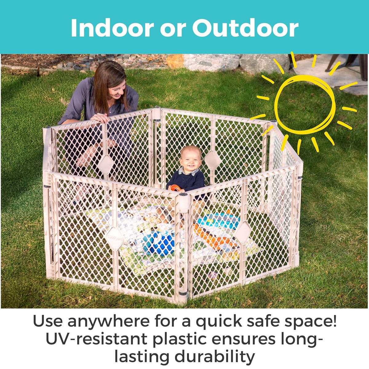 Toddleroo by North States - Superyard Baby Play Yard: Freestanding 6-Panel Baby Playpen (Sand) - Kidsy