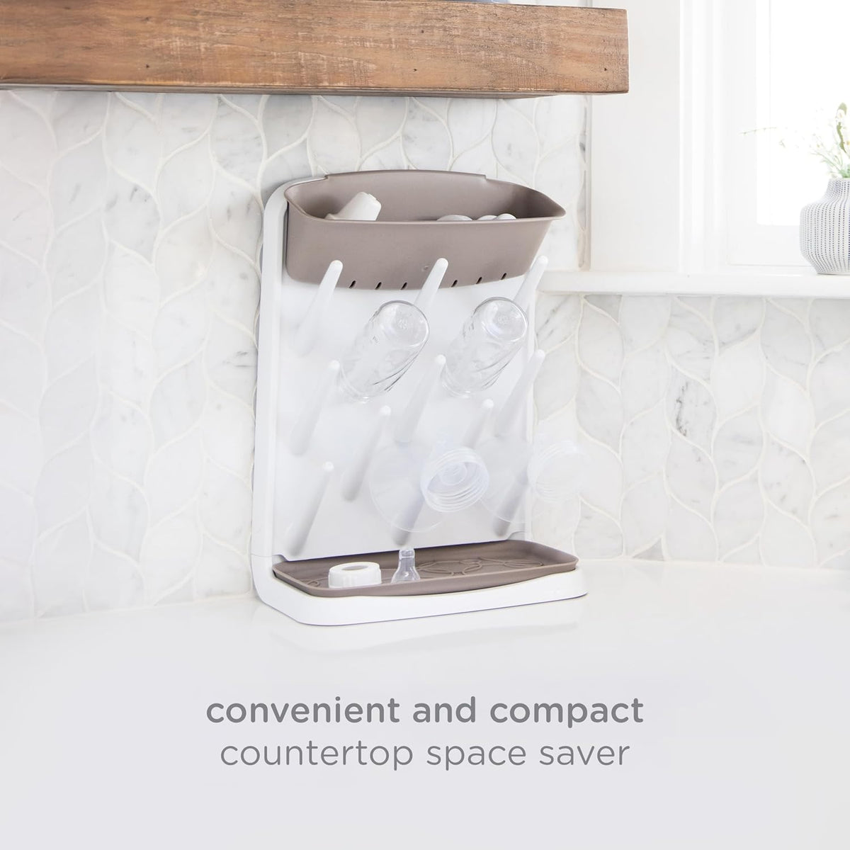 Ubbi Vertical Baby Bottle Drying Rack, Space Saving Countertop Drying Rack Baby Accessory (Taupe) - Kidsy