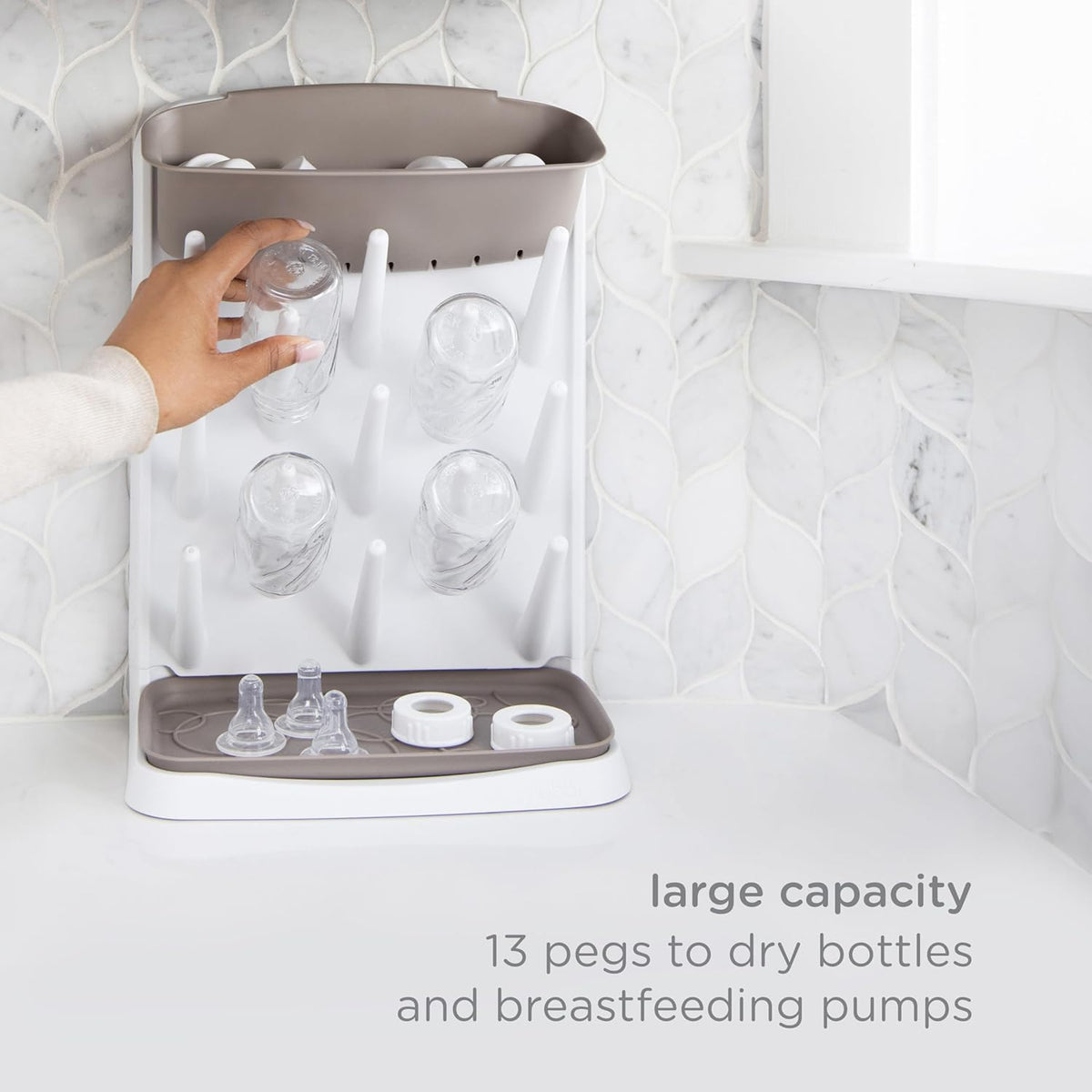 Ubbi Vertical Baby Bottle Drying Rack, Space Saving Countertop Drying Rack Baby Accessory (Taupe) - Kidsy