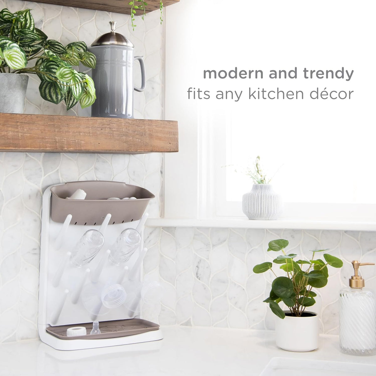Ubbi Vertical Baby Bottle Drying Rack, Space Saving Countertop Drying Rack Baby Accessory (Taupe) - Kidsy