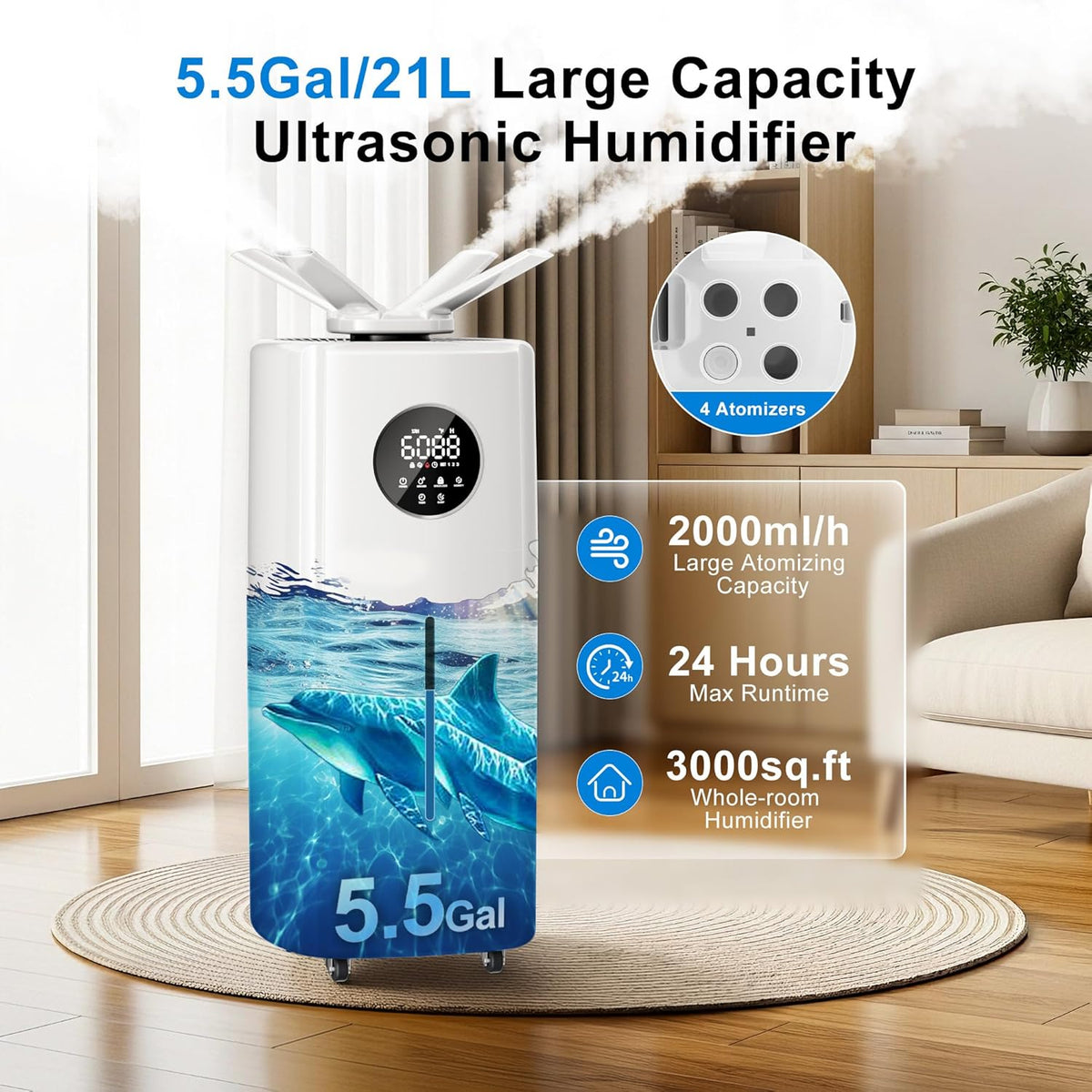 Uthfy 5.5Gal/21L Humidifier for Large Room 3000sq.ft, 2000ml/h Dual 360° Nozzles Ultrasonic Humidifiers - Kidsy
