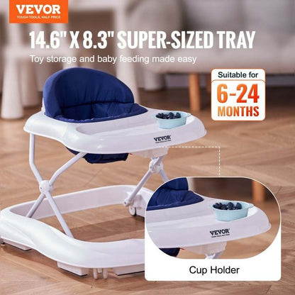 VEVOR Foldable Baby Walker, 3 - Level Adjustable with Tray (White+Blue) - Kidsy