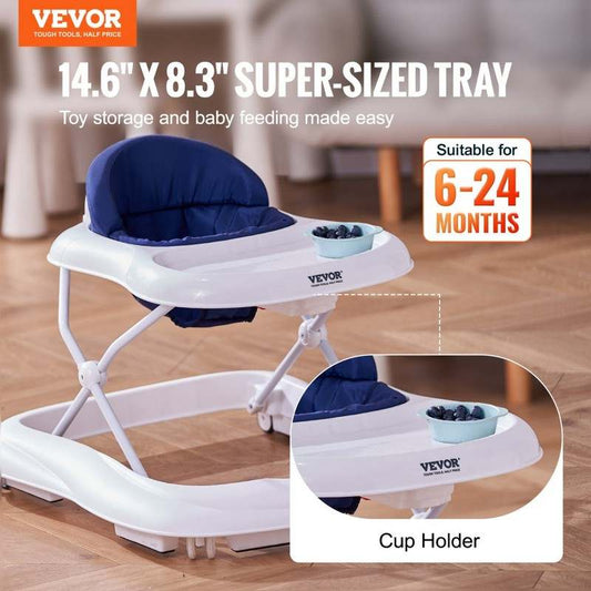 VEVOR Foldable Baby Walker, 3 - Level Adjustable with Tray (White+Blue) - Kidsy