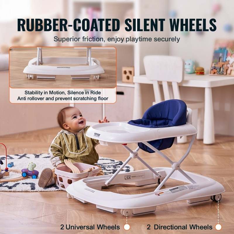 VEVOR Foldable Baby Walker, 3 - Level Adjustable with Tray (White+Blue) - Kidsy