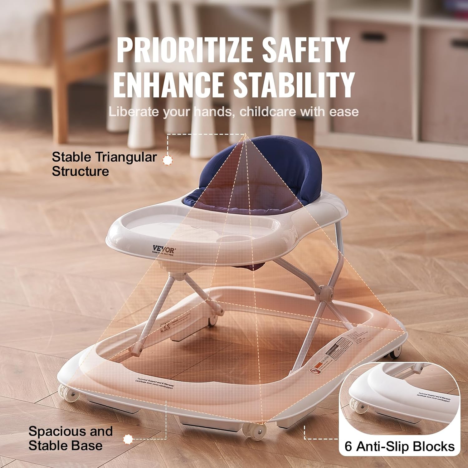 VEVOR Foldable Baby Walker, 3 - Level Adjustable with Tray (White+Blue) - Kidsy