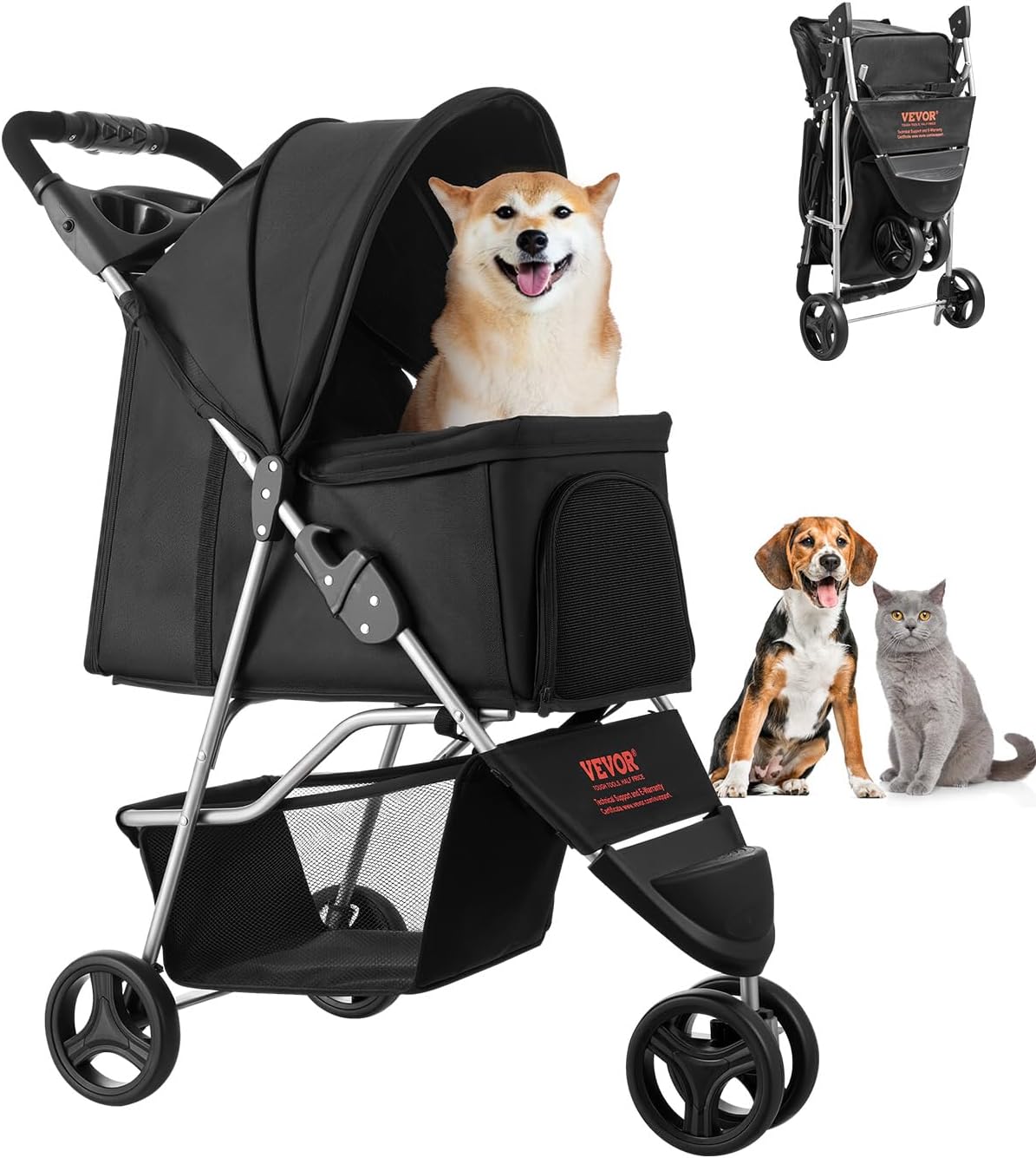 New VEVOR Foldable Pet Stroller, 35 lb Capacity with Mesh Windows (Black)