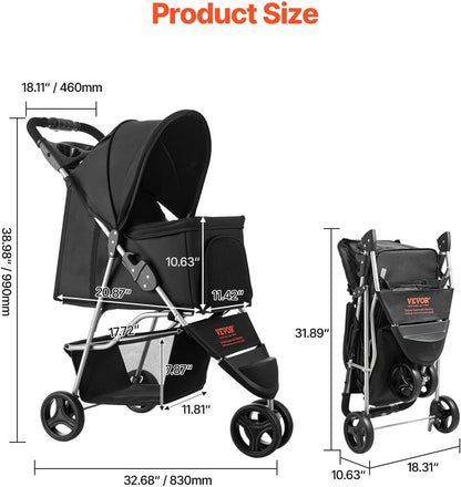 VEVOR Foldable Pet Stroller, 35 lb Capacity with Mesh Windows (Black) - Kidsy