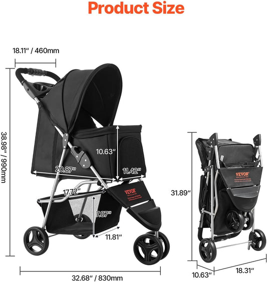 VEVOR Foldable Pet Stroller, 35 lb Capacity with Mesh Windows (Black) - Kidsy