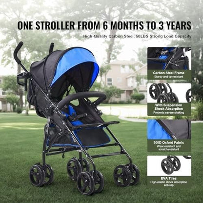 VEVOR Lightweight Compact Stroller (Black/Blue) - Kidsy