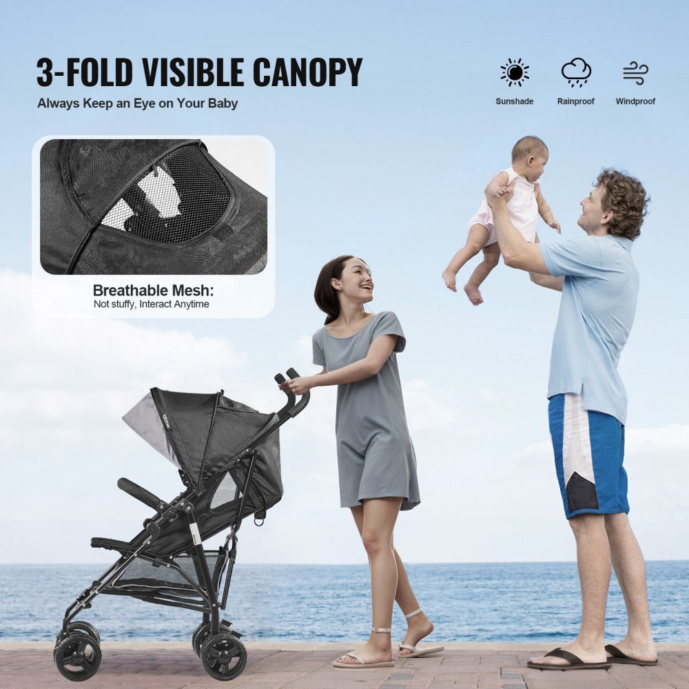 VEVOR Lightweight Stroller, Compact Easy Fold MultiPosition Recline Canopy Backrest (Light Gray/Black) - Kidsy