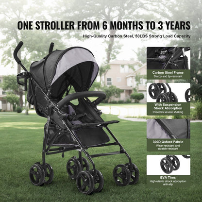 VEVOR Lightweight Stroller, Compact Easy Fold MultiPosition Recline Canopy Backrest (Light Gray/Black) - Kidsy