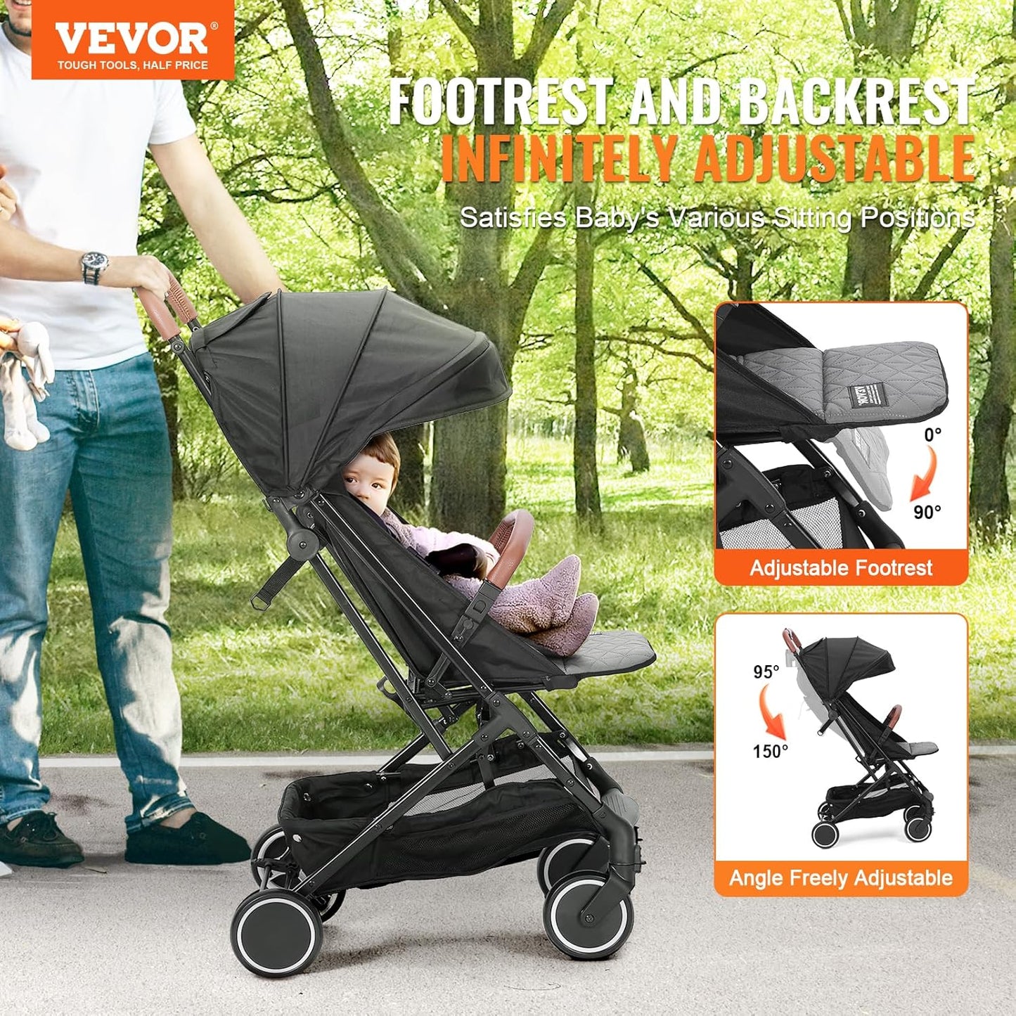 VEVOR Standard Baby Stroller - Adjustable Recline, One - Click Fold (Black) - Kidsy