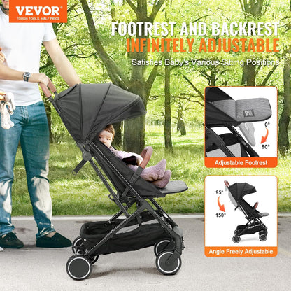 VEVOR Standard Baby Stroller - Adjustable Recline, One - Click Fold (Black) - Kidsy