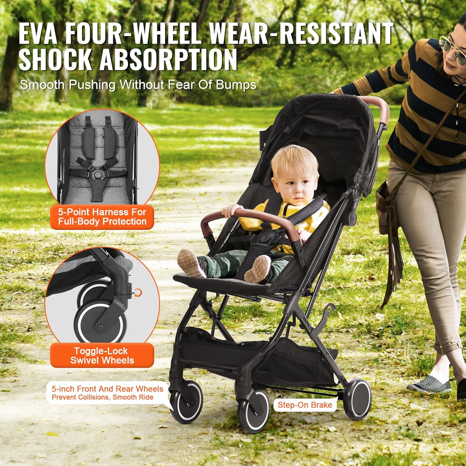 VEVOR Standard Baby Stroller - Adjustable Recline, One - Click Fold (Black) - Kidsy