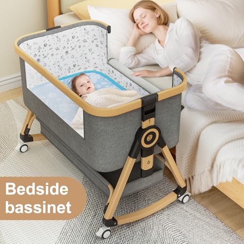 Whiffee 3 - in - 1 Baby Bassinet Bedside Sleeper with Wheels (Brown/Black) - Kidsy