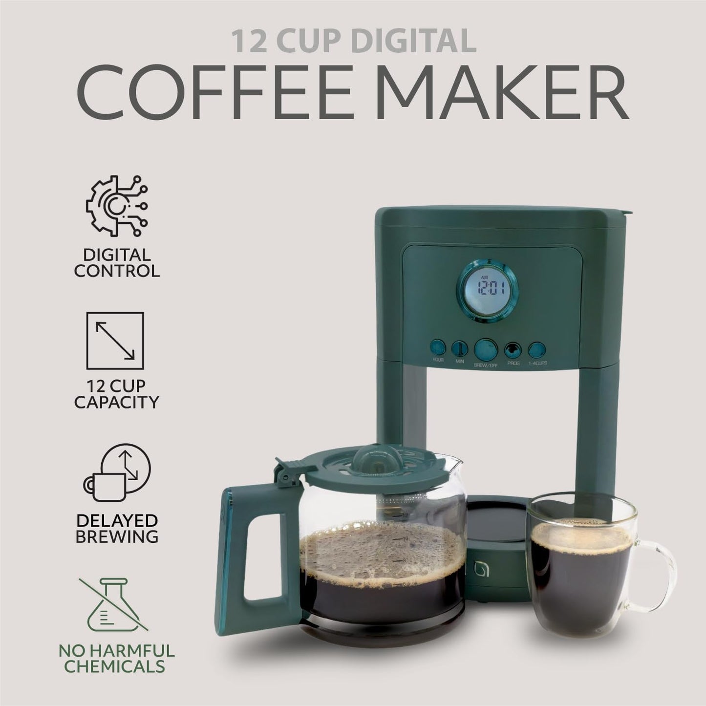 Willow Kitchen 12 Cup Programmable Drip Coffee Maker Machine (Hunter Green) - Kidsy