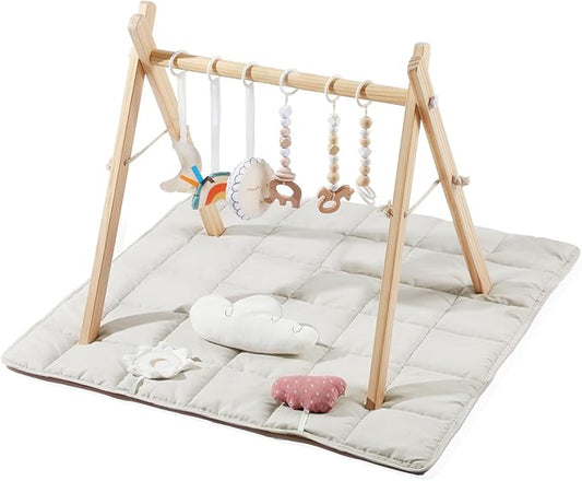 Wooden Baby Play Gym with Mat & 9 Sensory Toys (Natural) - Kidsy