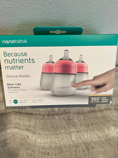 Brand New Nanobebe Silicone Baby Bottles 3pk 9oz (Pink)