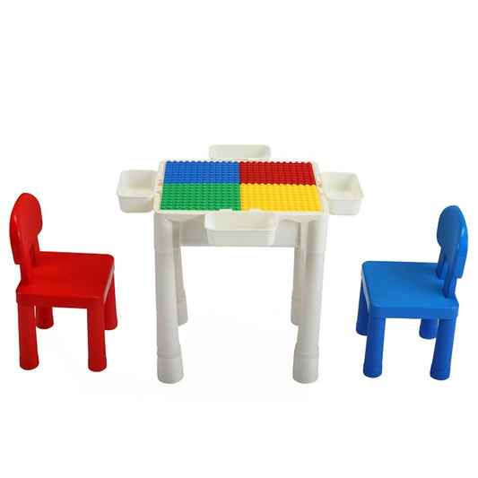6-In-1 Multi Activity Toddler Table and Chairs Set;  Play Block Table with 71 PCS Compatible Big Building Bricks Toy for Toddlers