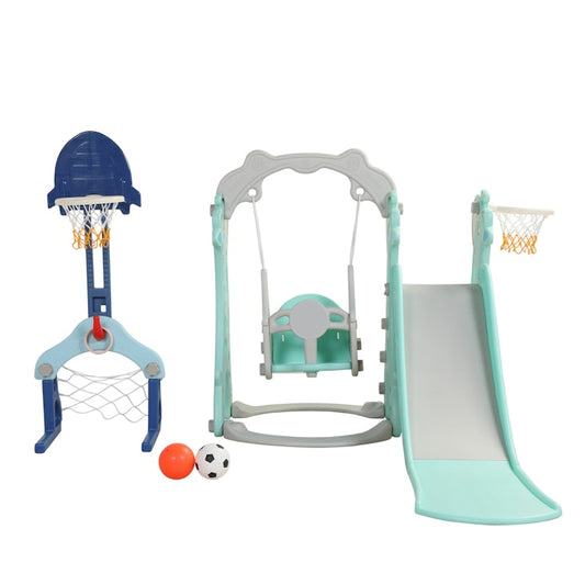 5 in 1 Slide and Swing Playing Set, Toddler Extra-Long Slide with 2 Basketball Hoops, Football, Ringtoss, Indoor Outdoor XH