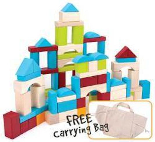 New 100 Piece Montessori Toy Wooden Building Blocks Set with Carrying Bag