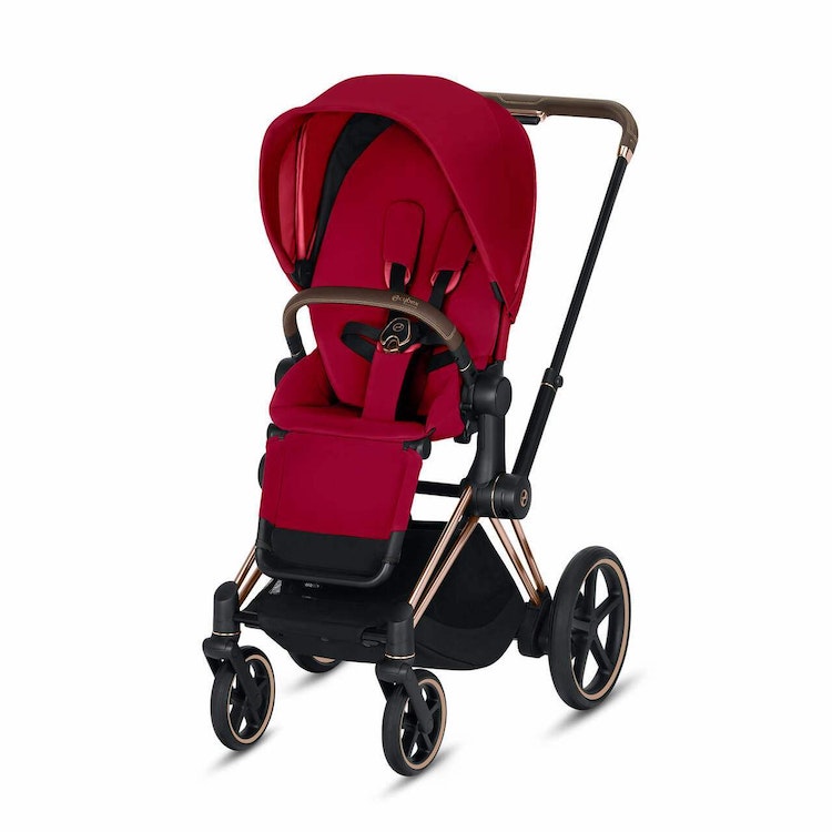 CYBEX ePriam 3-in-1 Travel System Frame in Rose Gold with Brown Details Baby Stroller – True Red