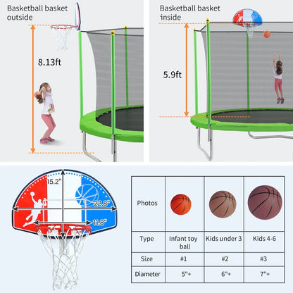 10ft Outdoor Trampoline for Kids with Safety Enclosure Net and Basketball Hoop
