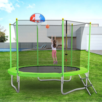 10ft Outdoor Trampoline for Kids with Safety Enclosure Net and Basketball Hoop