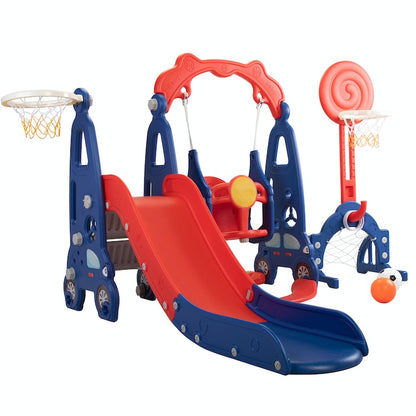 5 in 1 Slide and Swing Playing Set, Toddler Extra-Long Slide with 2 Basketball Hoops, Football, Ringtoss, Indoor Outdoor