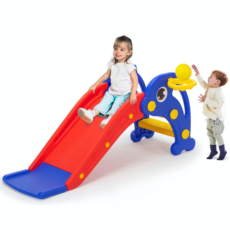 3 in 1 Kids Climber and Slide, Toddler Play Set with Basketball Hoop and Ball Indoor Outdoor Slide