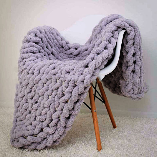 New Light Grey, Chenille Knitted Crochet Style Blanket Bed Throw