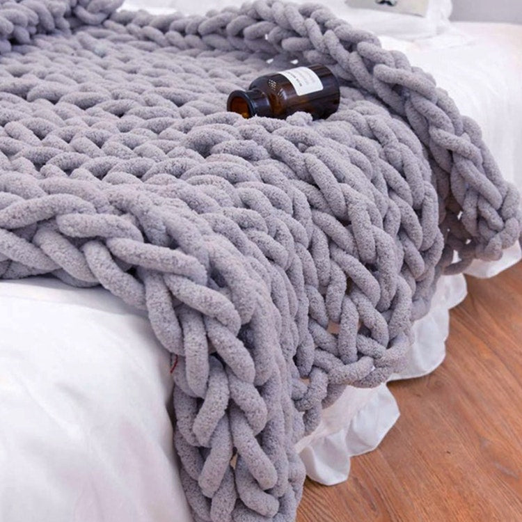 New Light Grey, Chenille Knitted Crochet Style Blanket Bed Throw