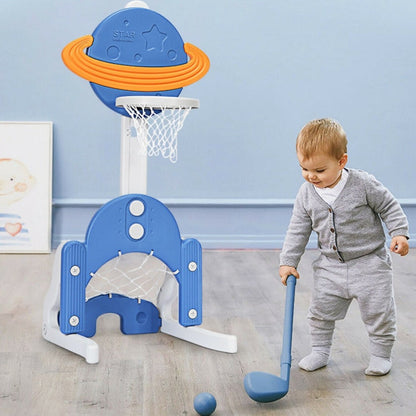 3-in-1 Kids Basketball Hoop Set, Soccer Set and Golf Game with Balls