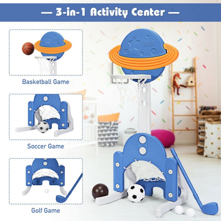 3-in-1 Kids Basketball Hoop Set, Soccer Set and Golf Game with Balls