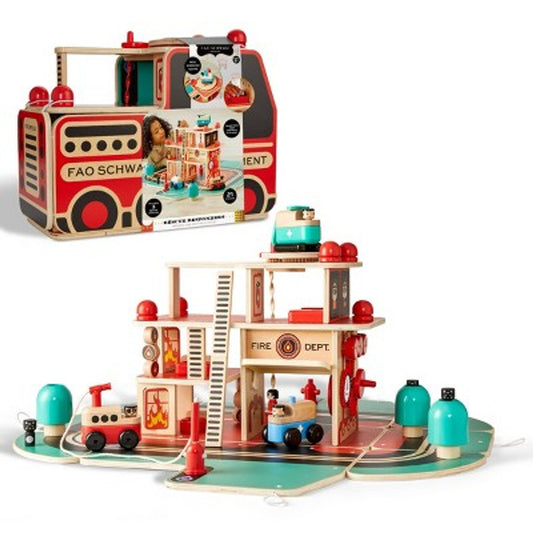 New FAO Schwarz Rescue Responders Wooden Fire Station Playset - 21pcs